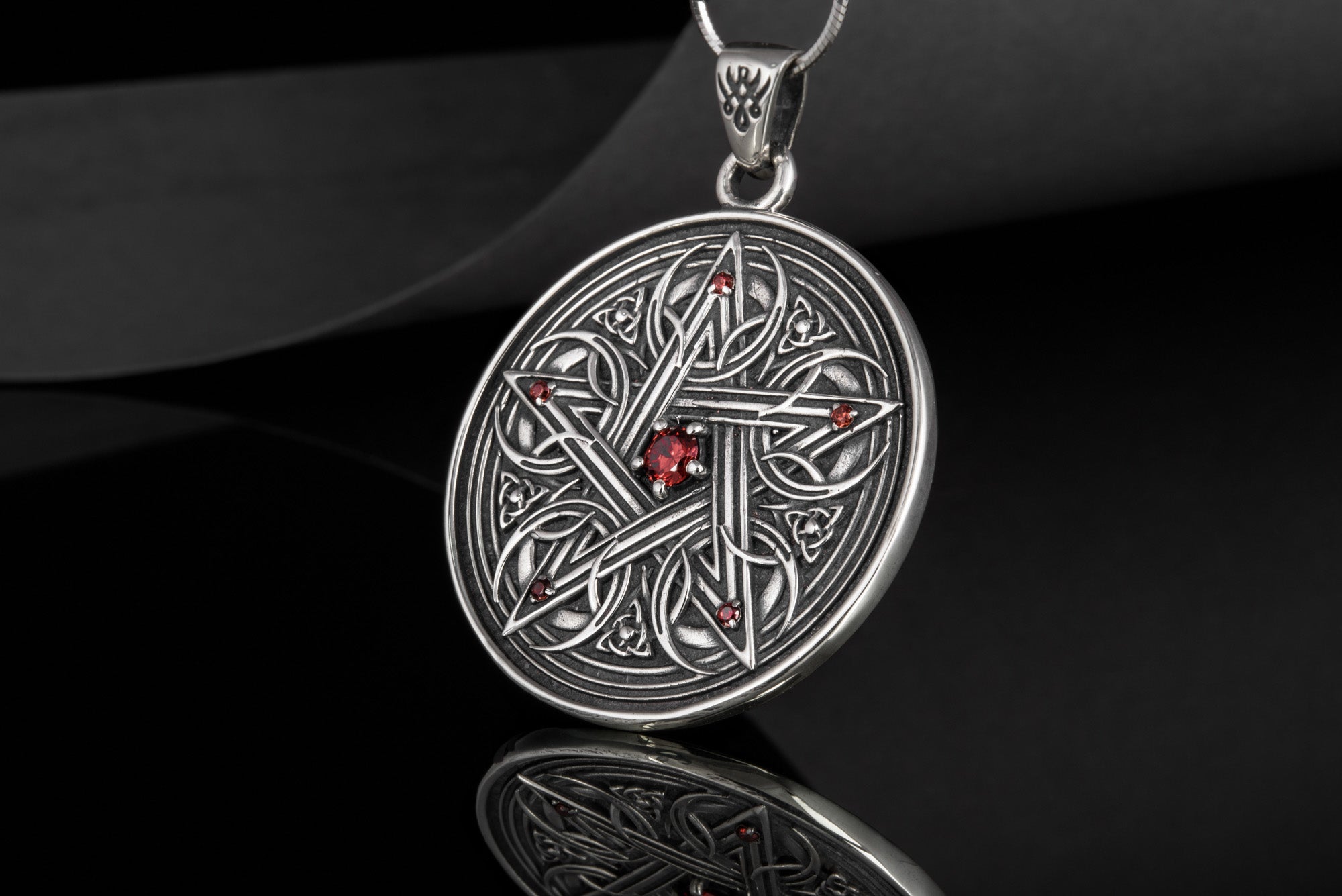 Pentagram Necklace with Red Cubic Zirconia Sterling Silver Handmade Jewelry