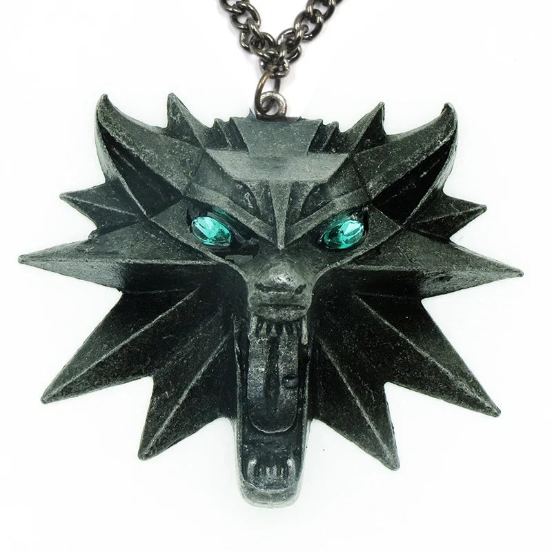 Viking Wolf Necklace | Darkened Steel with Colored Stone Eyes | Witcher Inspired