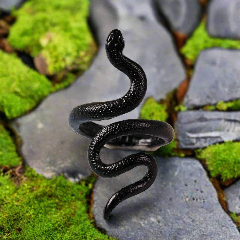 Viking Snake Ring with Blackened Steel Serpent