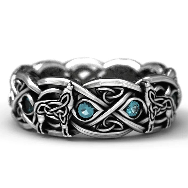 Viking Wolf Ring with Blue Cubic Zirconia | Sterling Silver | Celtic Style