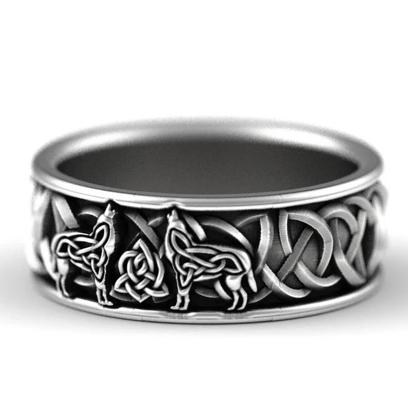 Viking Wolf Ring with Twin Howling Wolves | Celtic Knot Design