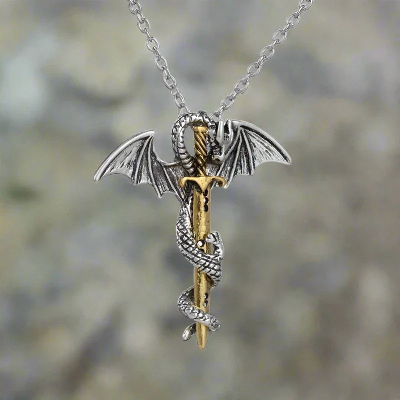 Viking Dragon Necklace with Sword and Dragon