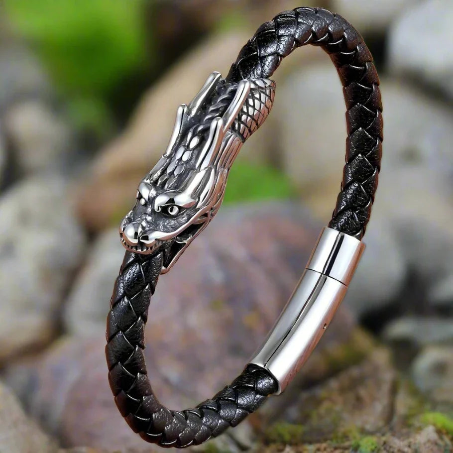 Viking Dragon Bracelet with Leather Strap and Dragon in Ouroboros