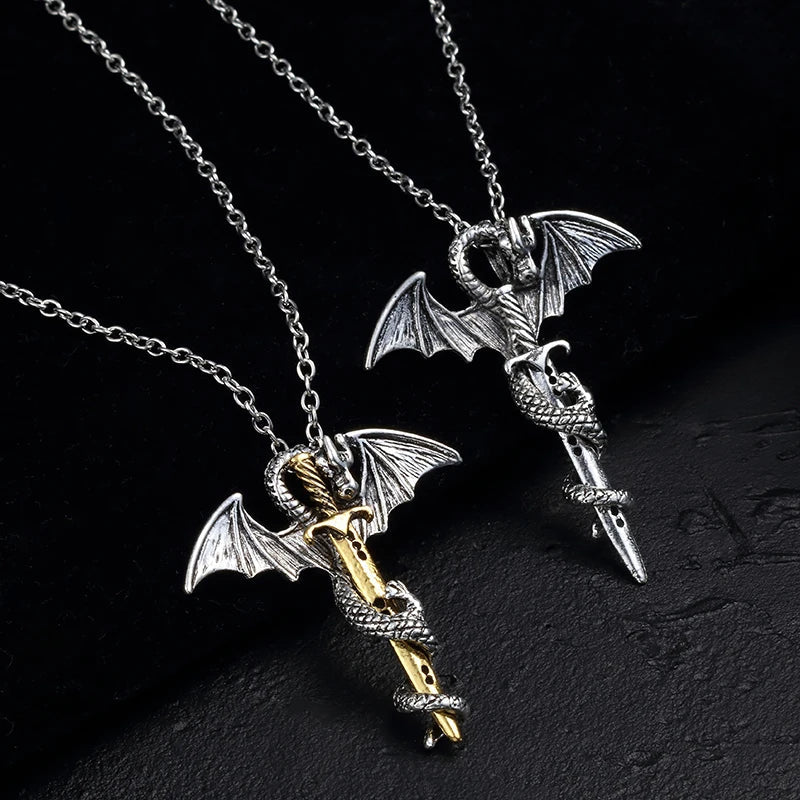 Viking Dragon Necklace with Sword and Dragon