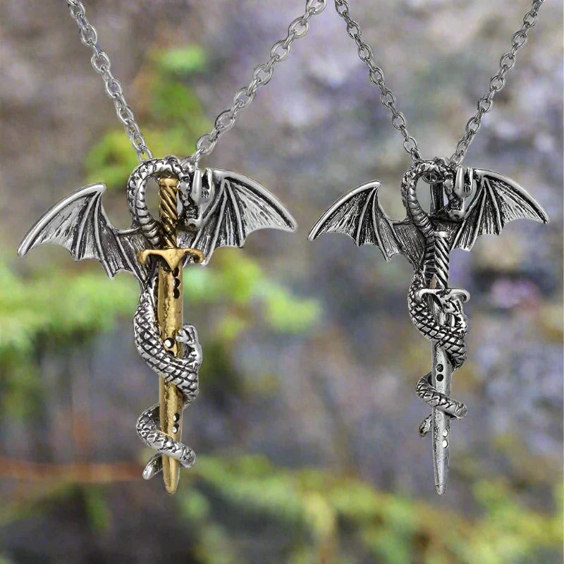 Viking Dragon Necklace with Sword and Dragon