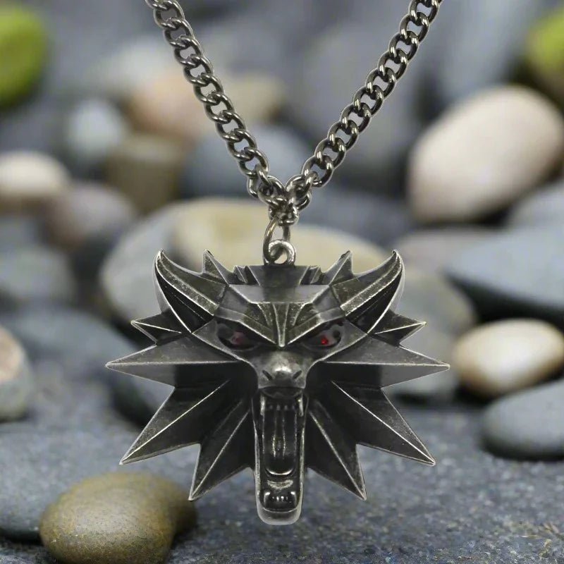 Viking Wolf Necklace | Darkened Steel with Colored Stone Eyes | Witcher Inspired