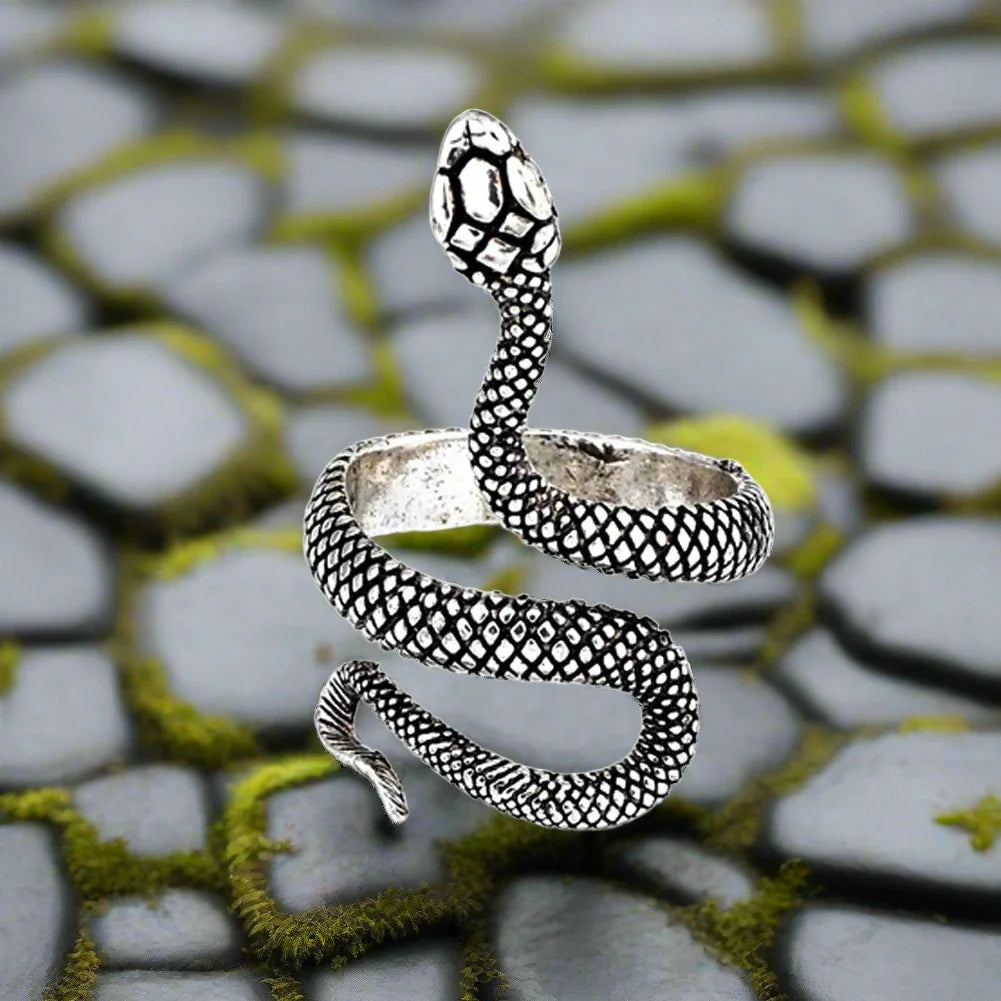 Viking Snake Ring with Serpent Scales in Darkened and Rugged Steel