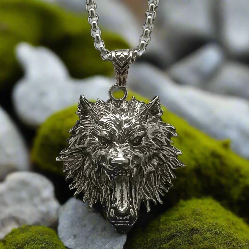 Viking Fenrir Wolf Necklace | Howling Wolf Pendant in Stainless Steel