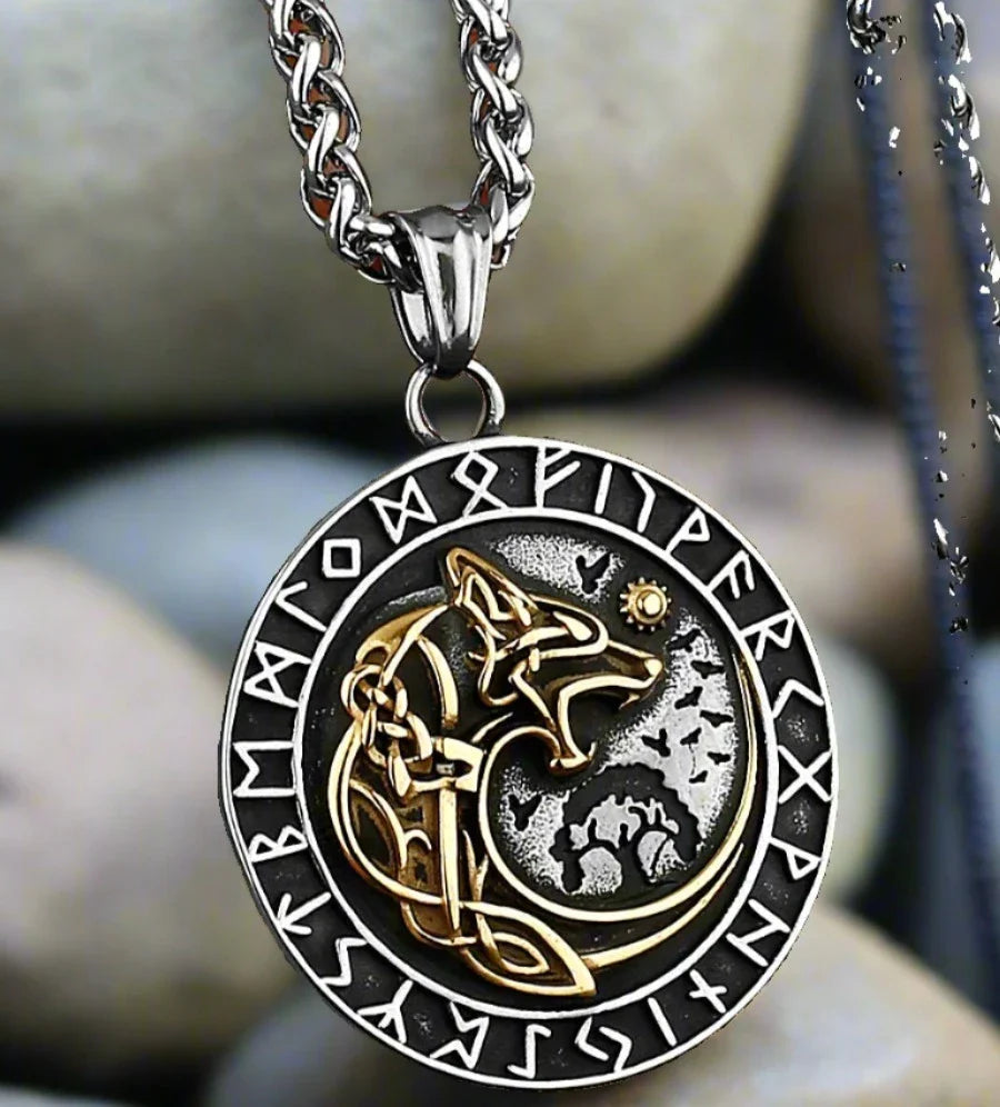 Viking Fenrir Wolf Necklace with Sun-Eater Pendant | Vegvisir Compass