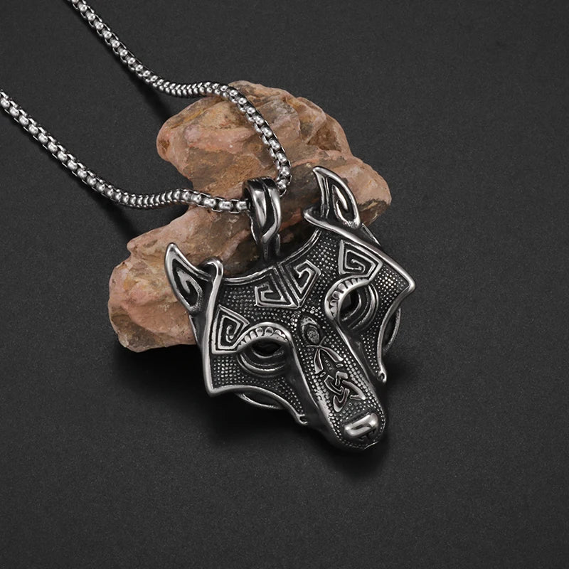 Stainless Steel Viking Wolf Necklace Fenrir | Colorful Rhinestone Eyes