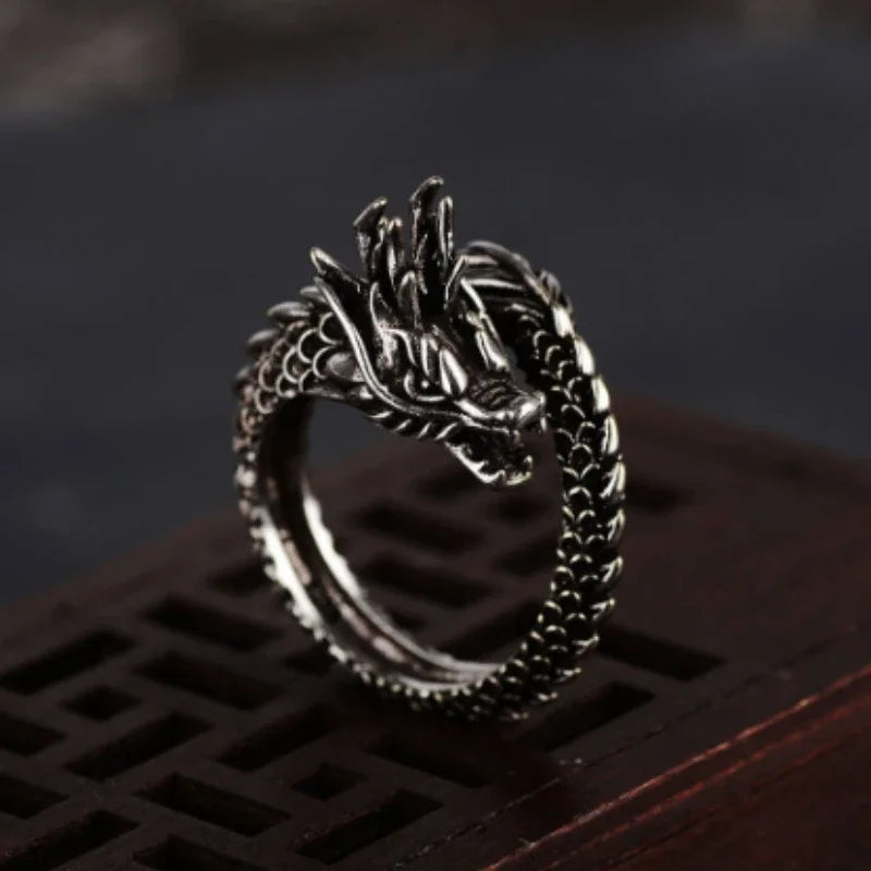 Viking Dragon Ring in Darkened Steel and Silver