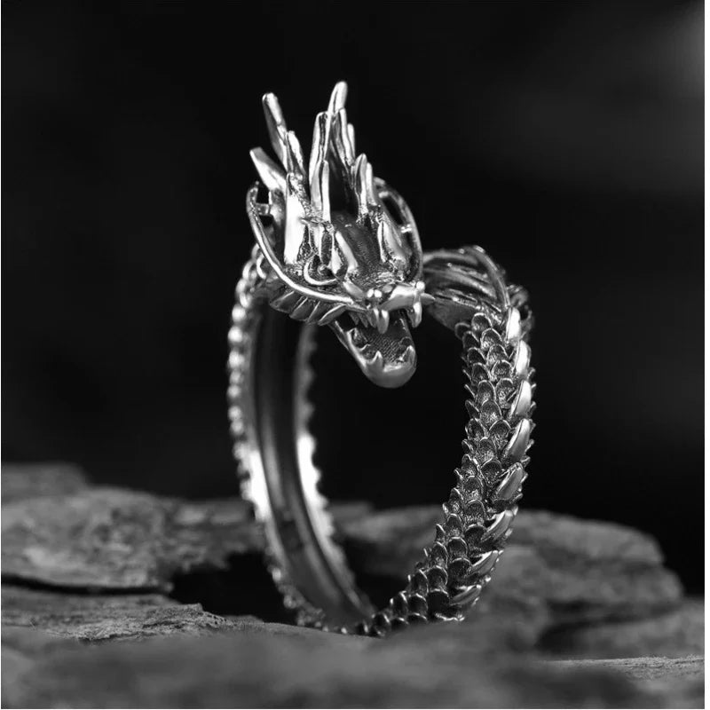 Viking Dragon Ring in Darkened Steel and Silver