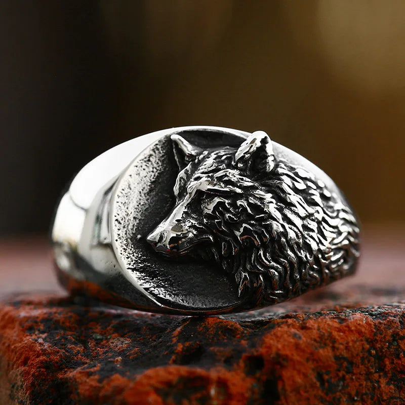 Viking Wolf Ring with Raised Wolf Head | Stainless Steel | Sizes 7-13