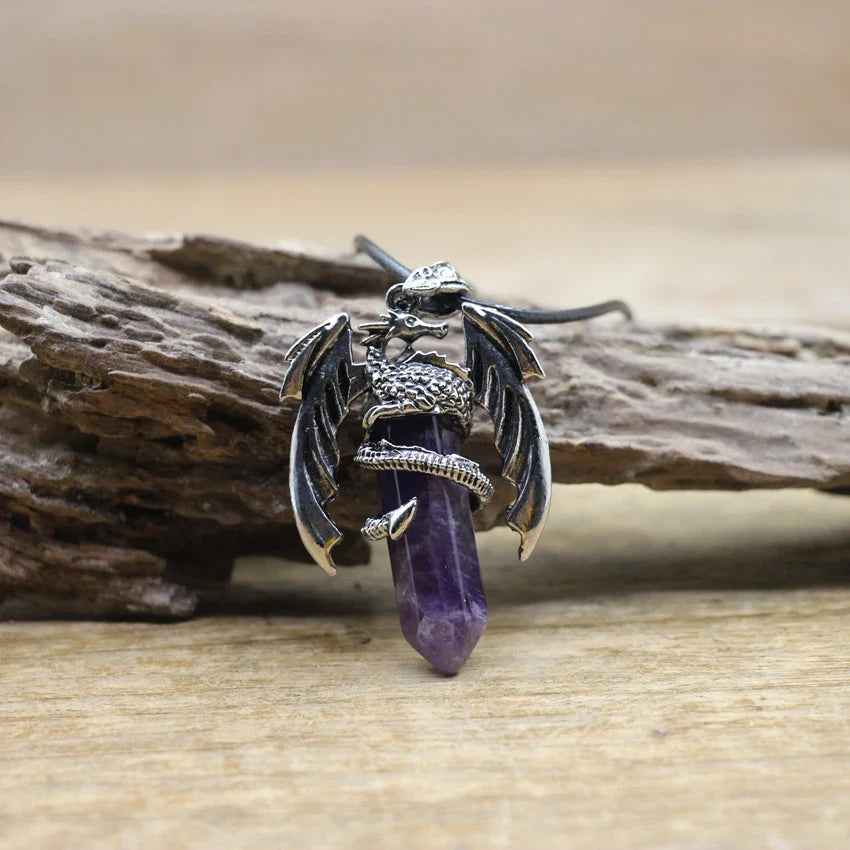 Viking Dragon Necklace with Quartz Crystal