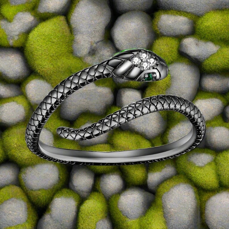 Viking Snake Ring with Green Eye Stones Coiled in Bronze/Gold/Silver/Darkened Steel Color