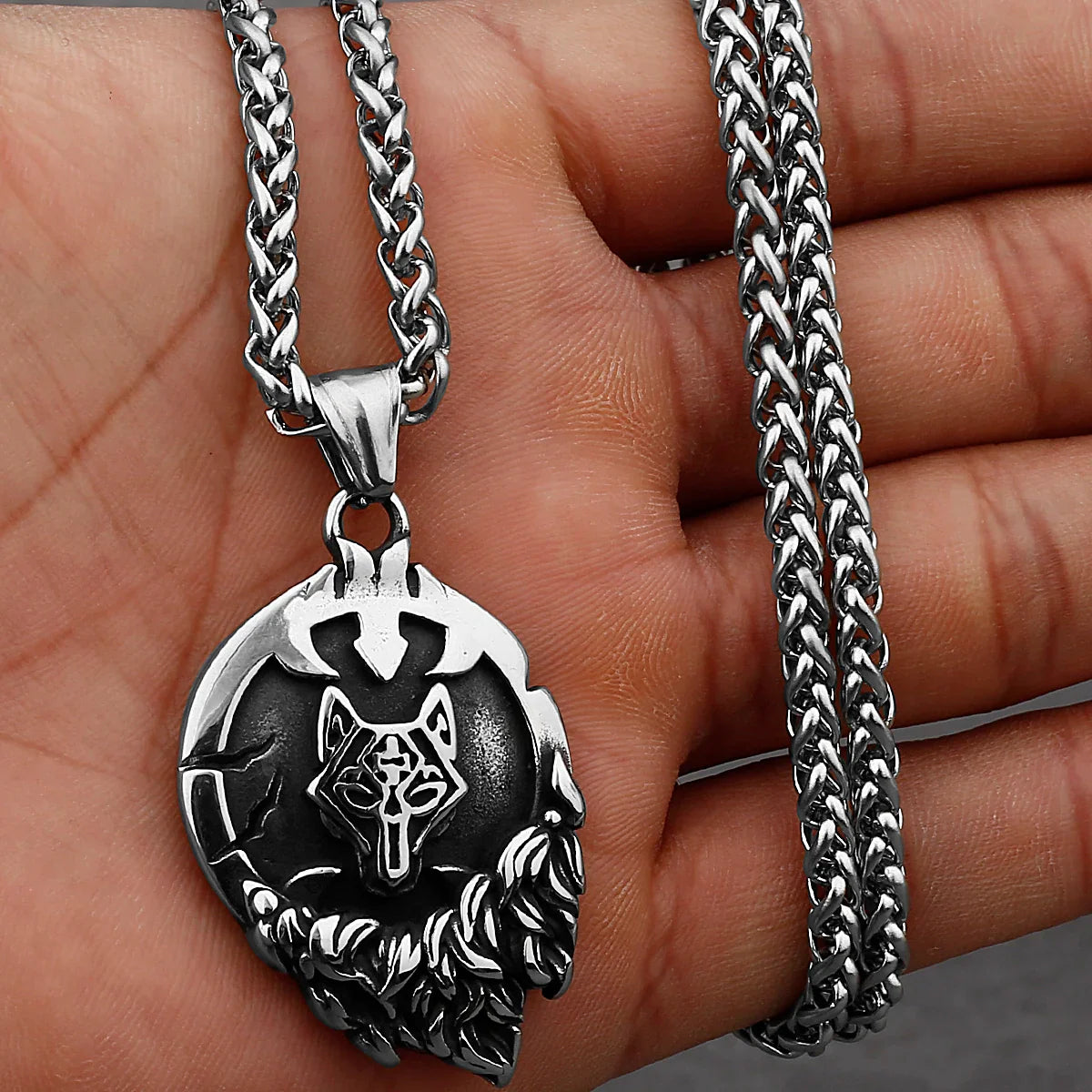 Viking Wolf Necklace Fenrir with Steel Fur Drape