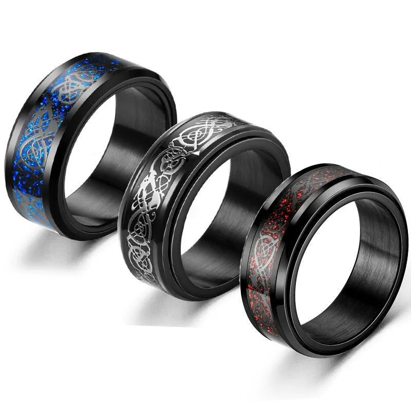 Viking Dragon Ring with Inlay Metal and Dragon Runes