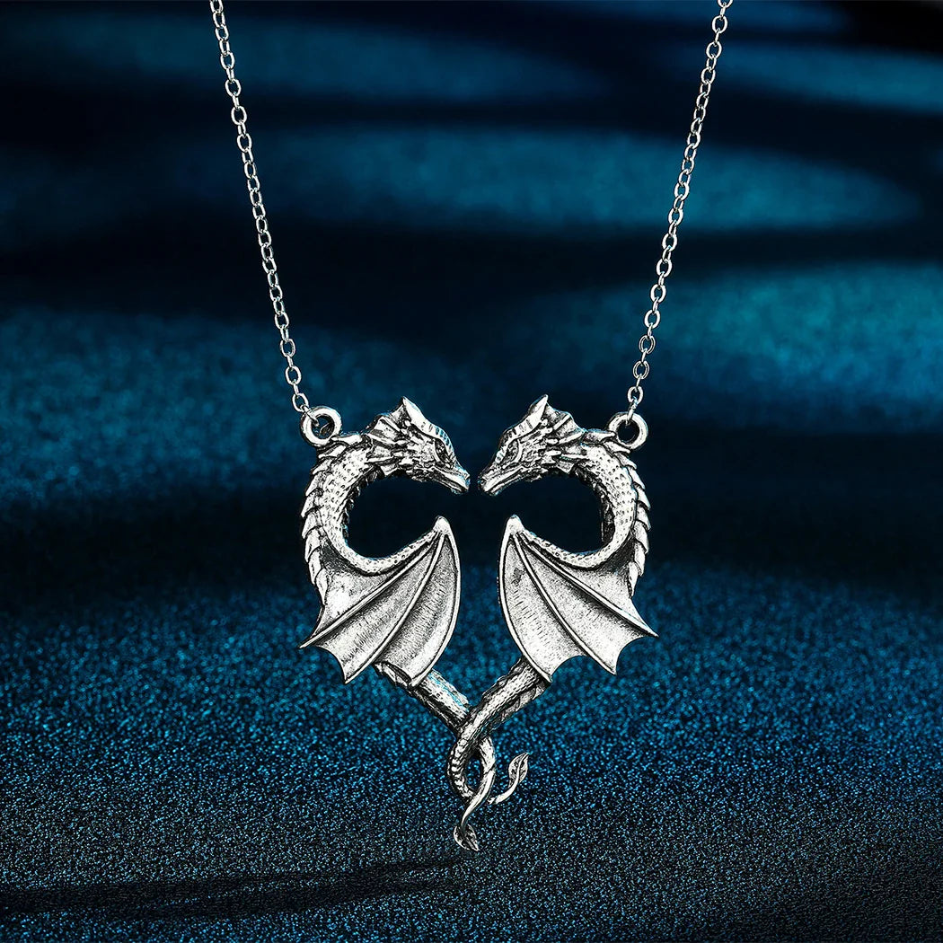 Viking Dragon Necklace Twin Dragons in Heart Shaped Pose