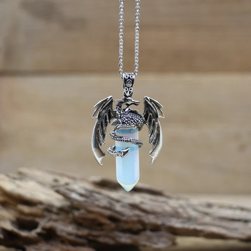 Viking Dragon Necklace with Quartz Crystal