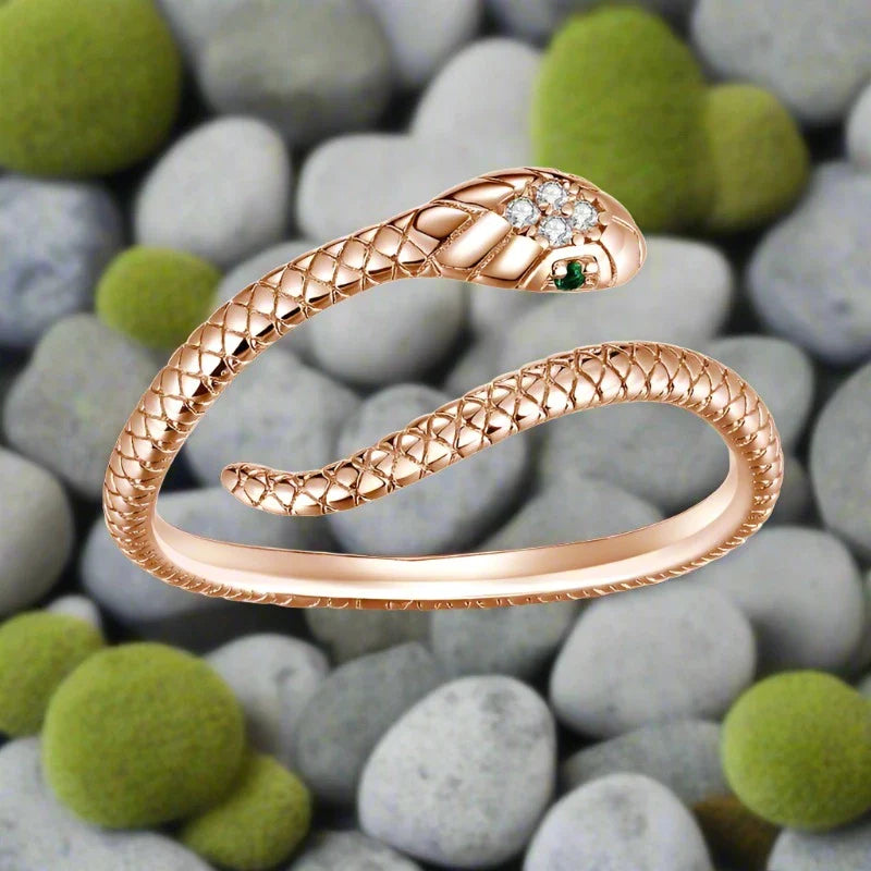 Viking Snake Ring with Green Eye Stones Coiled in Bronze/Gold/Silver/Darkened Steel Color