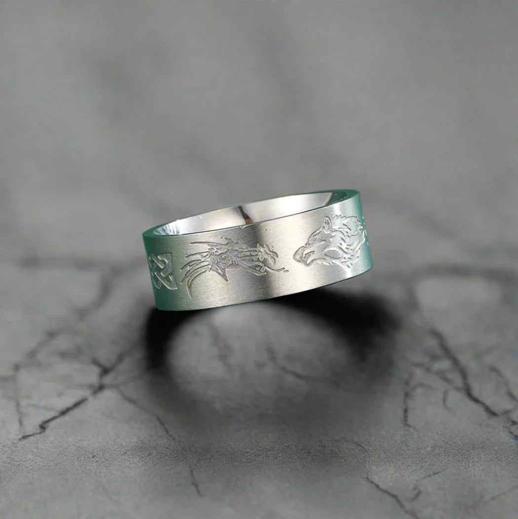 Stainless Steel Viking Ring with Carved Wolf Sigil | Celtic Knot