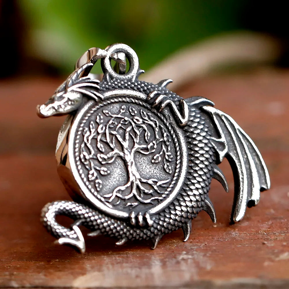 Viking Dragon Necklace Yggdrasil Tree Pendant and Dragon