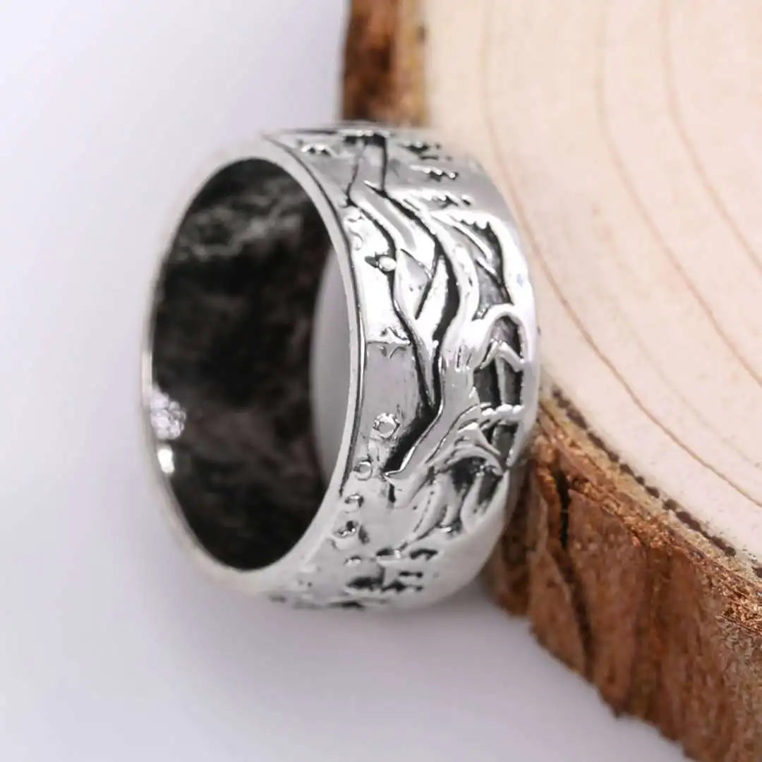 Handcrafted Viking Ring with Engraved Wolf | Antique Silver-Plated