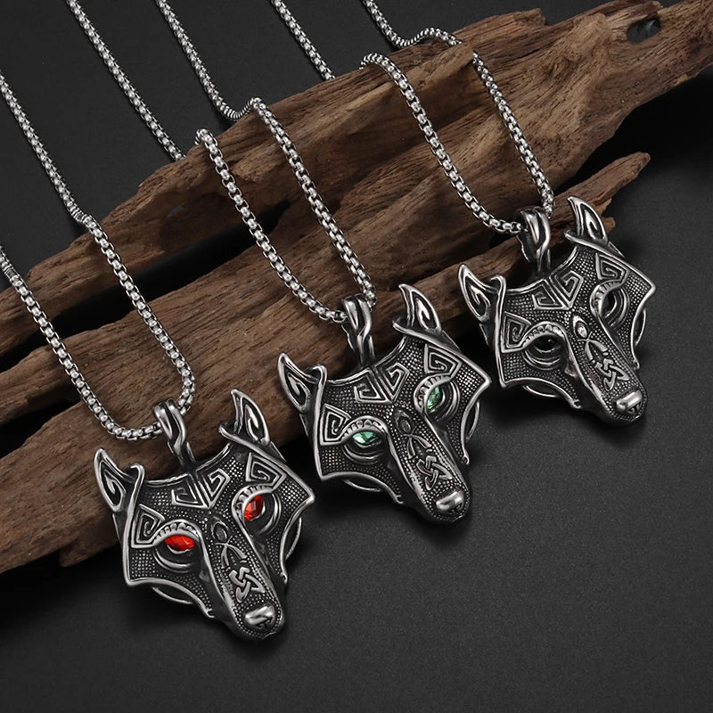 Stainless Steel Viking Wolf Necklace Fenrir | Colorful Rhinestone Eyes