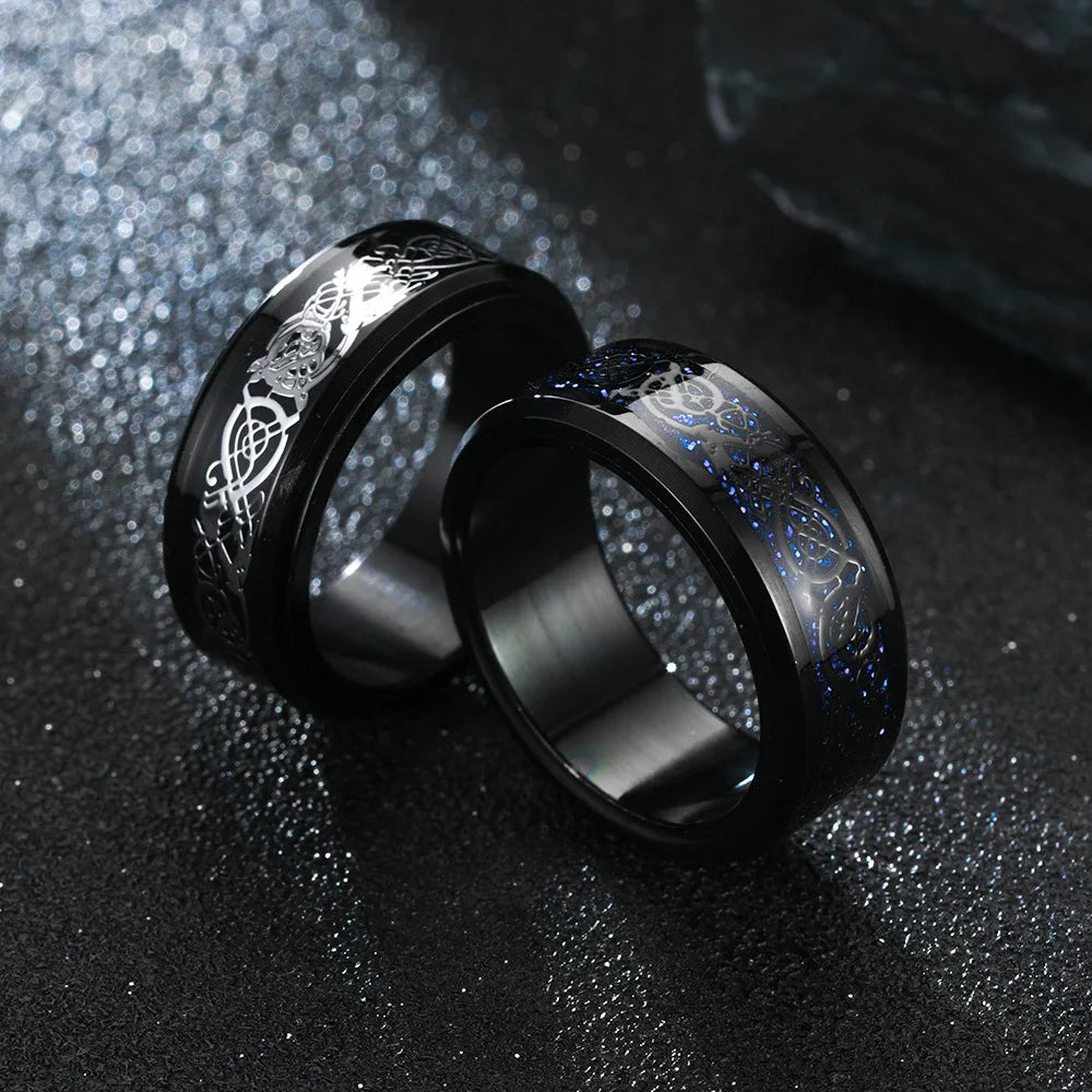 Viking Dragon Ring with Inlay Metal and Dragon Runes