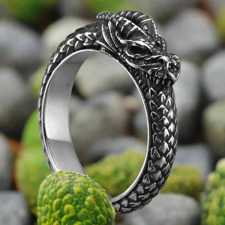 Viking Dragon Ring of Jormungandr with Dragon Skull in Ouroboros