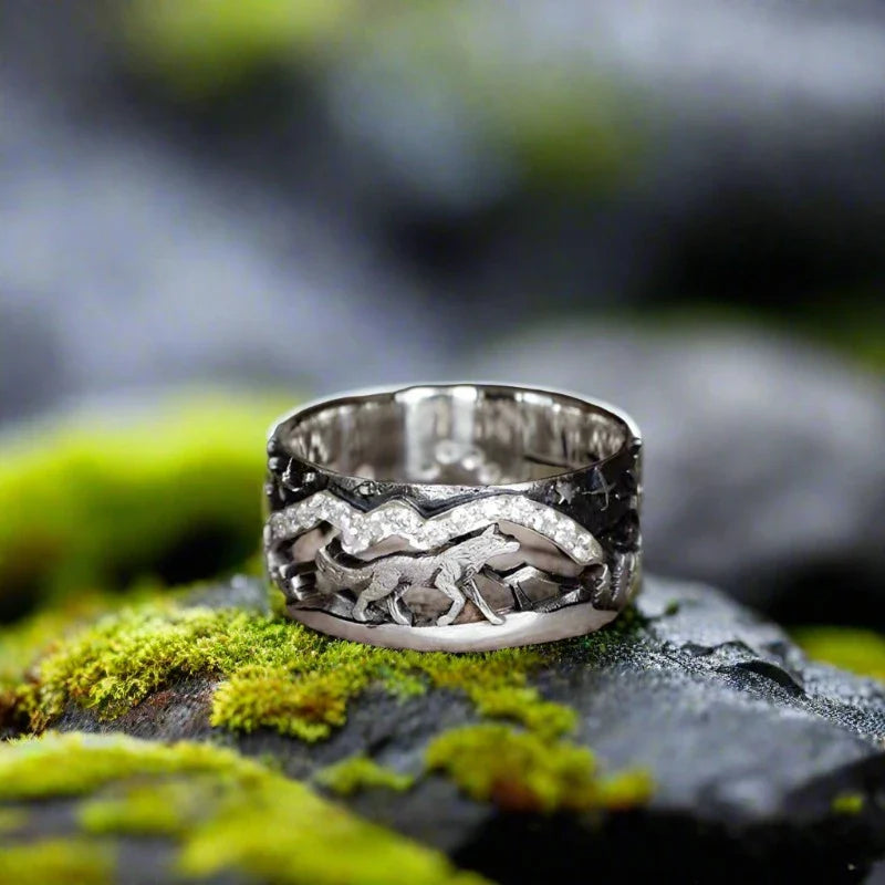 Viking Ring with Engraved Wolf | Rock Lined Mountain | Antique Silver Plated