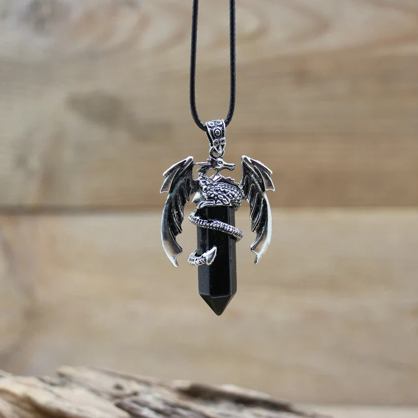 Viking Dragon Necklace with Quartz Crystal