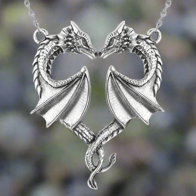 Viking Dragon Necklace Twin Dragons in Heart Shaped Pose