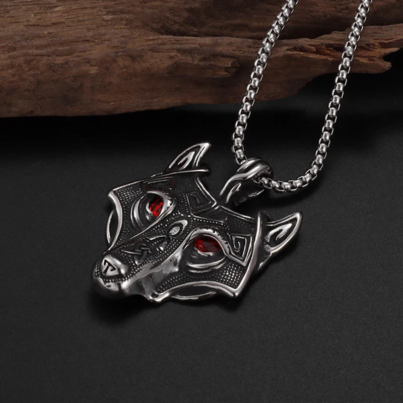 Stainless Steel Viking Wolf Necklace Fenrir | Colorful Rhinestone Eyes