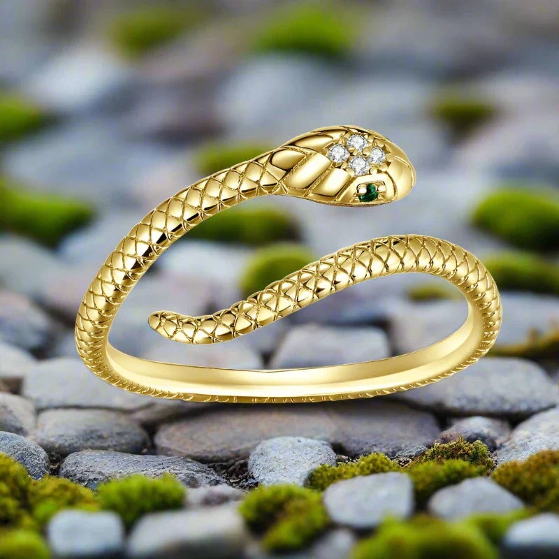 Viking Snake Ring with Green Eye Stones Coiled in Bronze/Gold/Silver/Darkened Steel Color