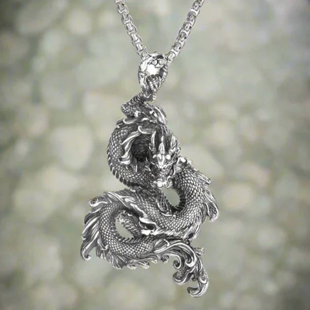 Viking Dragon Necklace of Jormungandr Serpent in Silver/Gold