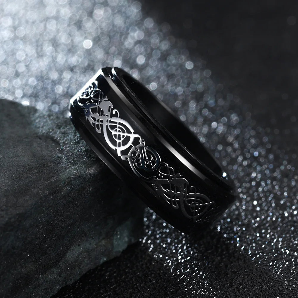 Viking Dragon Ring with Inlay Metal and Dragon Runes