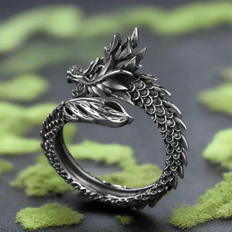 Viking Dragon Ring in Darkened Steel and Silver