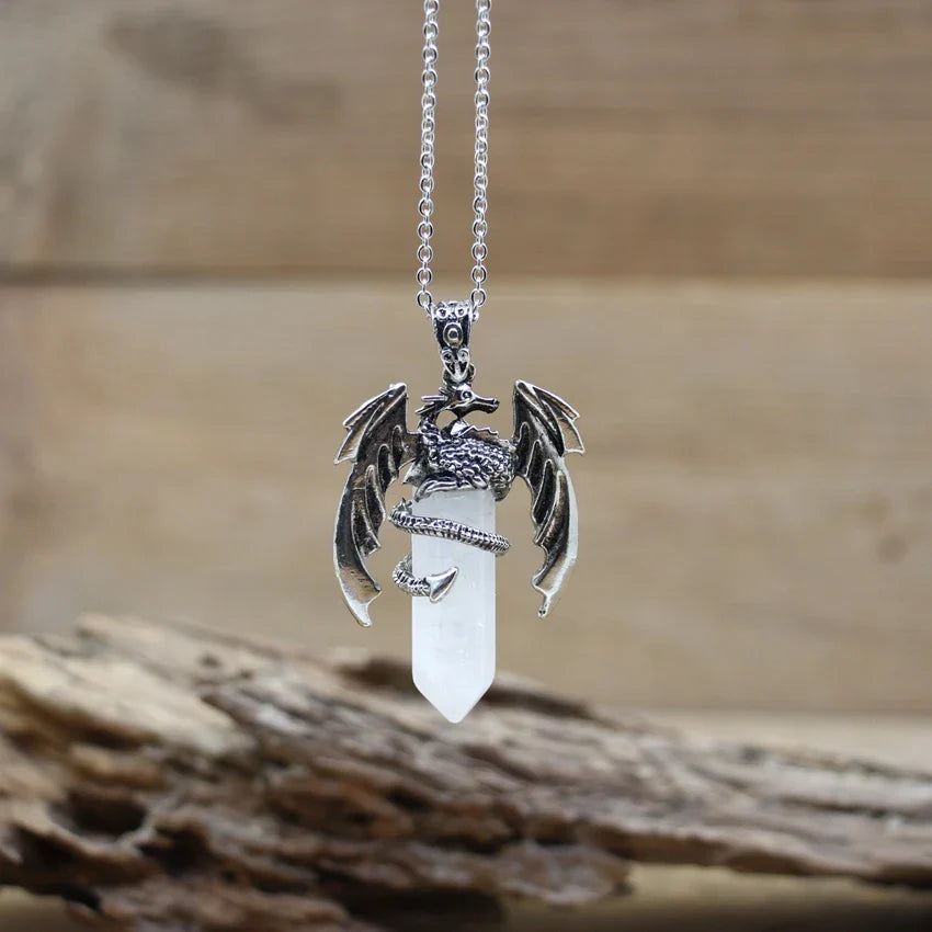 Viking Dragon Necklace with Quartz Crystal