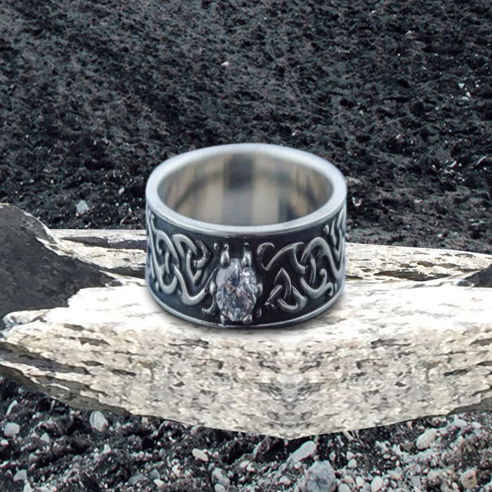 Beautiful Ornament Ring with White Cubic Zirconia Sterling Silver Viking Ring