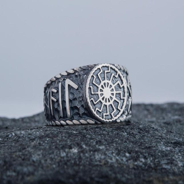 Black Sun Symbol with HAIL ODIN Runes Sterling Silver Viking Ring