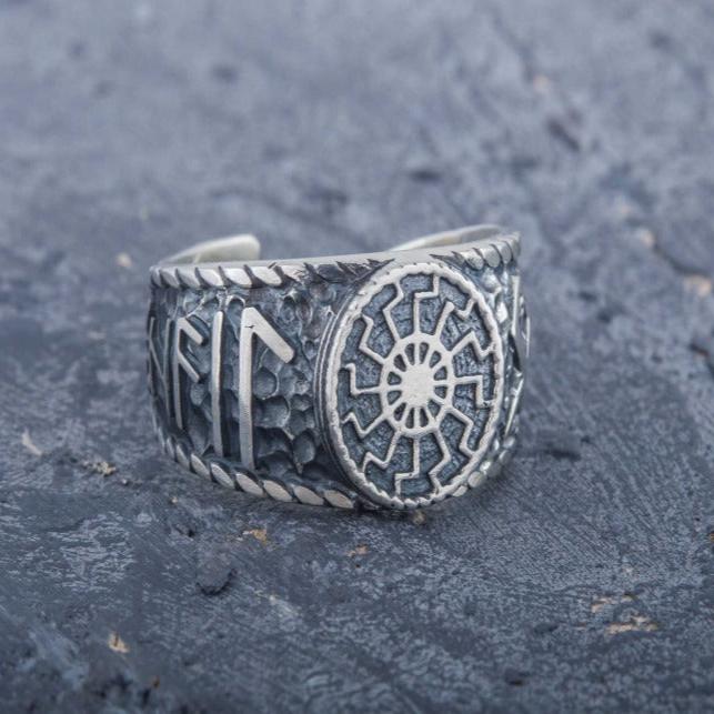 Black Sun Symbol with HAIL ODIN Runes Sterling Silver Viking Ring