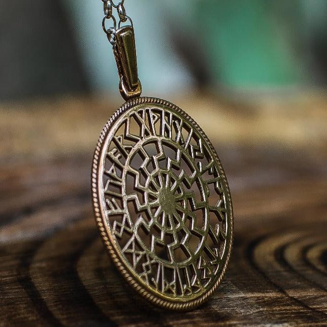 Black Sun Symbol with Runic Calendar Bronze Pendant