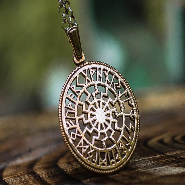 Black Sun Symbol with Runic Calendar Bronze Pendant