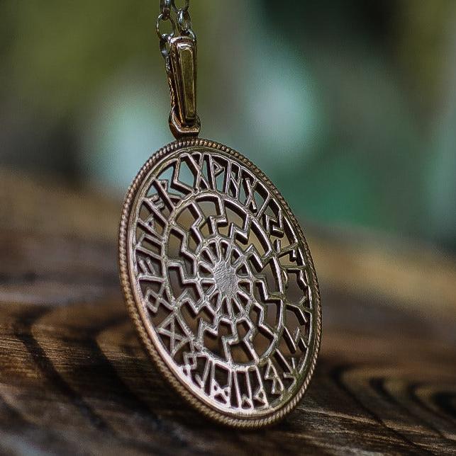 Black Sun Symbol with Runic Calendar Bronze Pendant