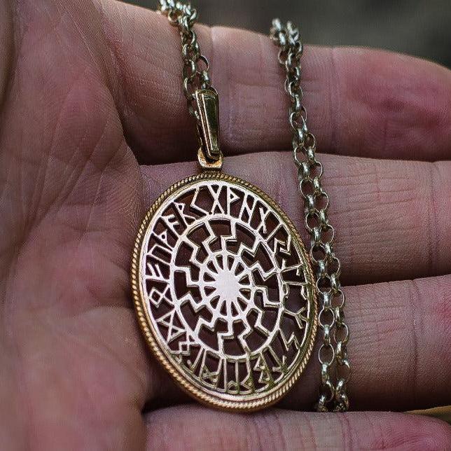 Black Sun Symbol with Runic Calendar Bronze Pendant