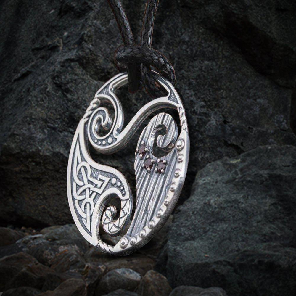 Circle Shield Pendant with Triskelion and CZ Ornament Sterling Silver Norse Necklace