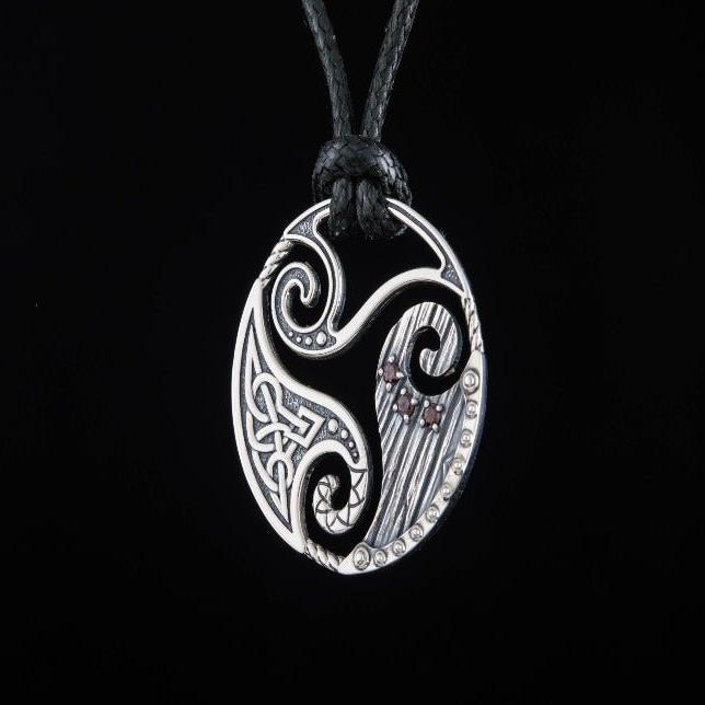 Circle Shield Pendant with Triskelion and CZ Ornament Sterling Silver Norse Necklace