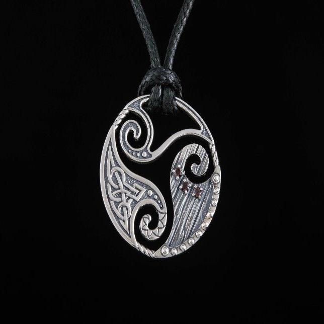 Circle Shield Pendant with Triskelion and CZ Ornament Sterling Silver Norse Necklace