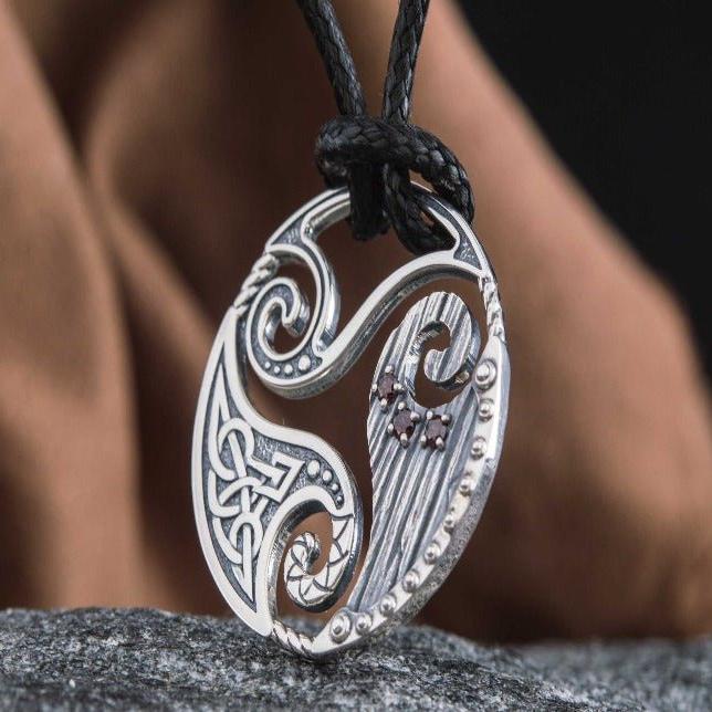 Circle Shield Pendant with Triskelion and CZ Ornament Sterling Silver Norse Necklace